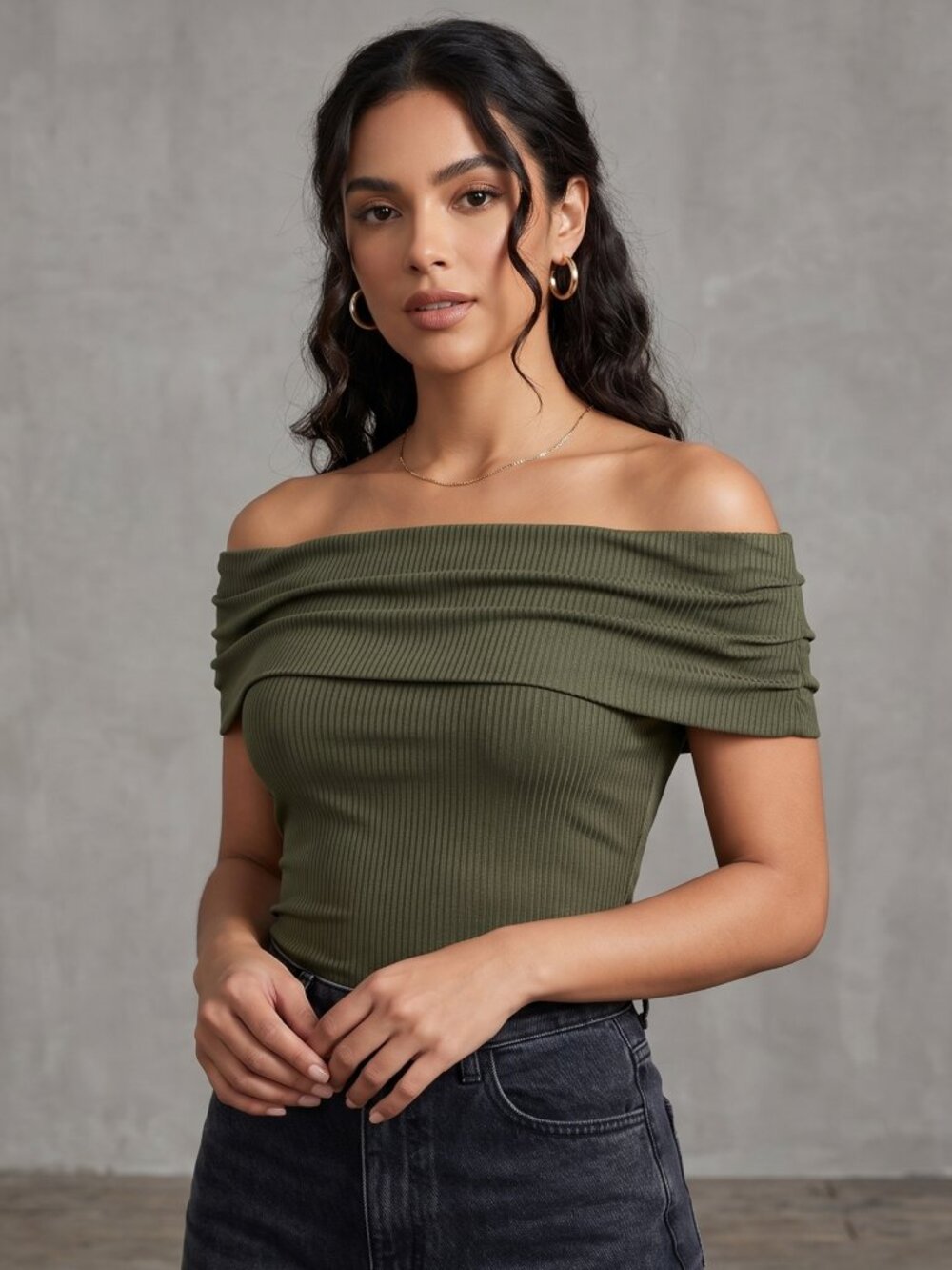NWT | Off-The-Shoulder Top | Rib-Knit | Folded Bardot Neckline | Green | M